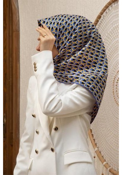 Vissona Tivil İpek Eşarp 60779 - 21 Saks Gold Soyut Desen Mavi