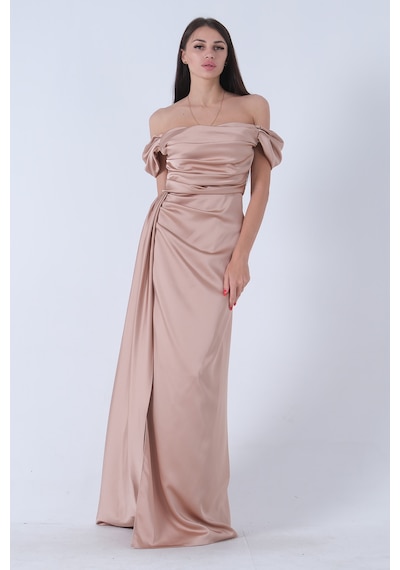 Feminist Bej Drape Detaylı Saten Kumaş Abiye Elbise 9704858.55