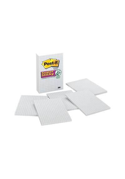 Post-it Süper Yapışkan Notlar, 4x6", 3 Ped, 2x Yapıştırma Gücü, Mavi Izgara Çizgileri İle Beyaz, Geri Dönüşt