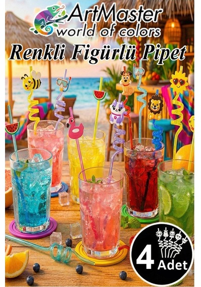 Figürlü Pipet 4 Adet Sevimli Renkli Kıvrımlı Pipet 26 Cm Ev Dekoratif Kokteyl Yıkanabilir Emoji Çocuklar İçin