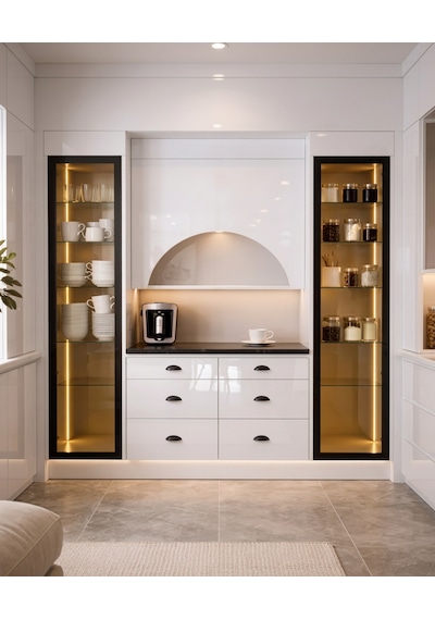 Lüks High Gloss Mutfak Dolabı & Kahve Köşesi Mdf Gövde, Led Aydınlatmalı, 6 Çekmeceli 190x230 Beyaz Lüks High Gloss Mutfak Dolabı & Kahve Köşesi Mdf Gövde, Led Aydınlatmalı, 6 Çekmeceli 190x230 Beyaz