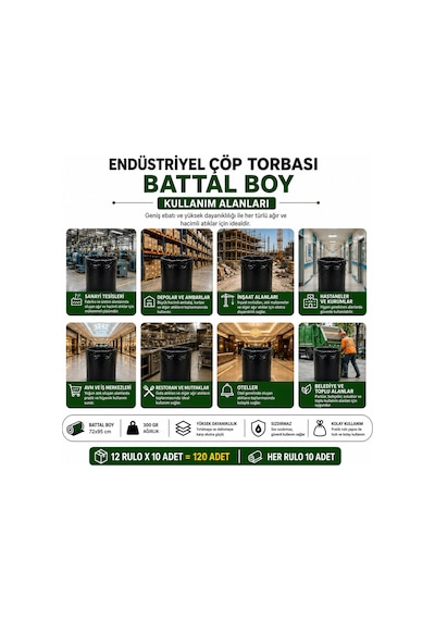 Endüstriyel Battal Boy Çöp Torbası Seti 72x95 Cm Siyah - Koli Içi 120 Adet 12 Rulo X 10 Adet