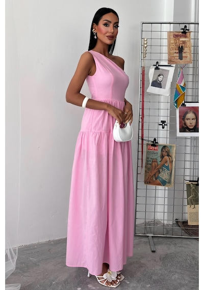 WeShaya Kadın Pembe Tek Omuz Wual Maxi Elbise Pembe