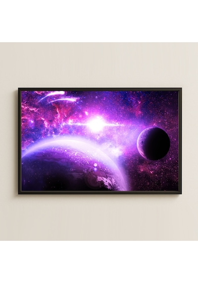 Mor Nebula Ve Gezegen Manzaralı Kozmik Dijital Sanat Pleksi Tablo