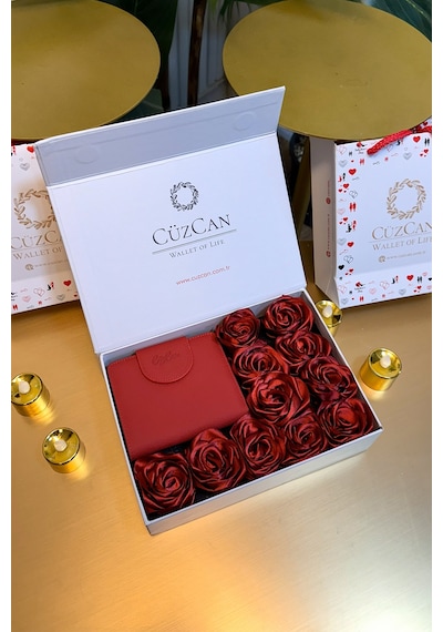 Premium Gift Rose Box - Miosa Kırmızı Hakiki Deri Kadın Cüzdan Kırmızı Gül Kutusu Kırmızı