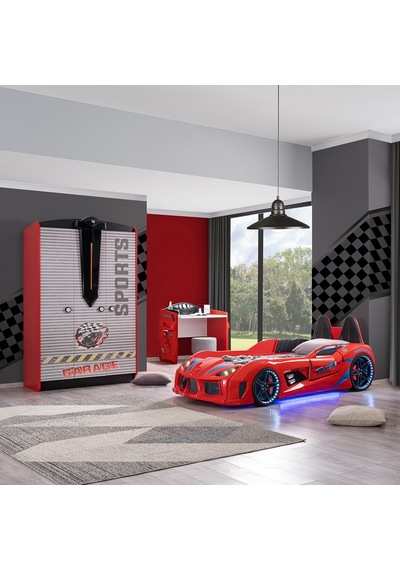 Setaymobilya Sports Çocuk Odası - Audi Arabalı Yatak, Dolap, Masa - Kırmızı