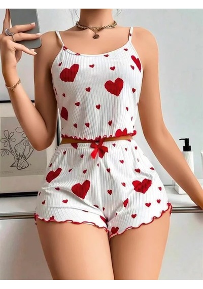 Atyticaret Kadın Pamuklu Beyaz Üstüne Kırmızı Desenli Askılı Şortlu Pijama Takımı