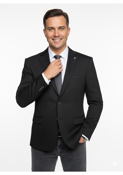 Plus Scorpion Erkek Bej Slim Fit Blazer Ceket Çizgili Dokulu Kumaş Çift Düğmeli Siyah