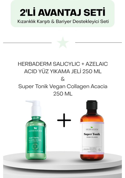 Kızarıklık Karşıtı & Bariyer Destekleyici Seti : Herbaderm Salıcylıc + Azelaıc Acıd Yüz Yıkama Jeli+ Super Tonik Vegan Collagen Acacia 250 Ml