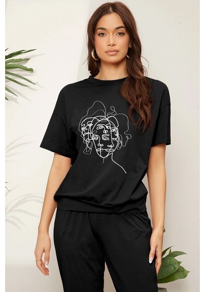 Uyguntarz Unisex Woman One Line Baskılı 2'li Eşofman Takımı Siyah