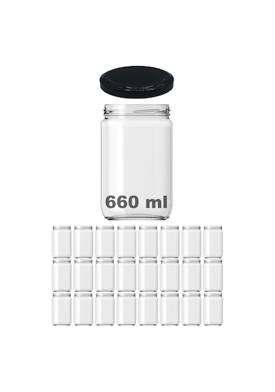 Afracam 660 Ml Metal Kapaklı Şeffaf Cam Kavanoz 24 Adet Siyah