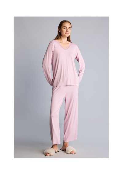 Defacto Regular Fit V Yaka Uzun Kollu Üst Geniş Kesim Alt Pijama Takımı H9101ax26aubr488 Bordo-br488