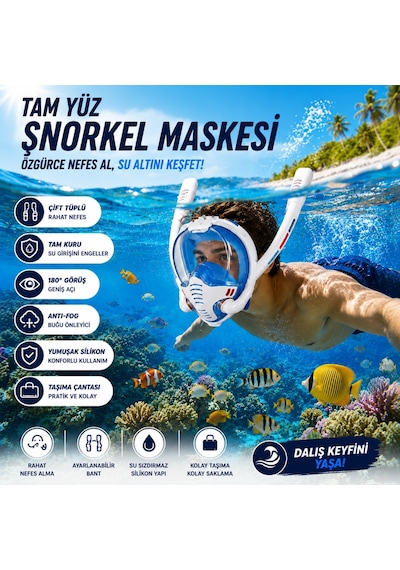 Hymark Çift Tüplü Şnorkel Maskesi S-m Beden Tam Kuru Dalış Yüzme Maskesi Full Face Dalış Gözlüğü Beyaz - Mavi