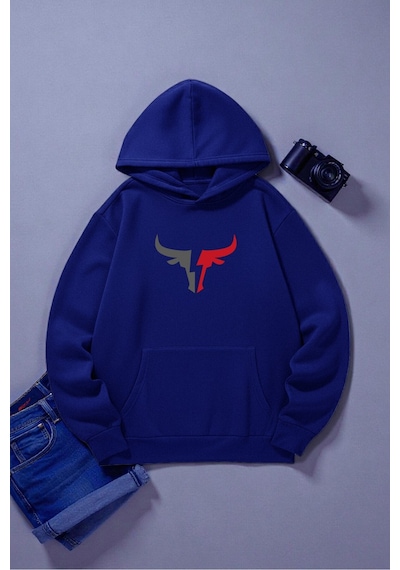 Uyguntarz Boğa Tasarım Baskılı Unisex Oversize Sweatshirt Mavi