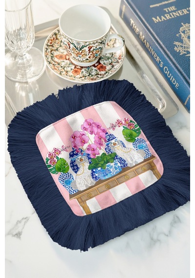 Chinoiserie Stil Saçaklı Sunum Dekorasyon Mendili-pastoral Glam Eklektik Lacivert Kahve Yanı Peçete Çok Renkli