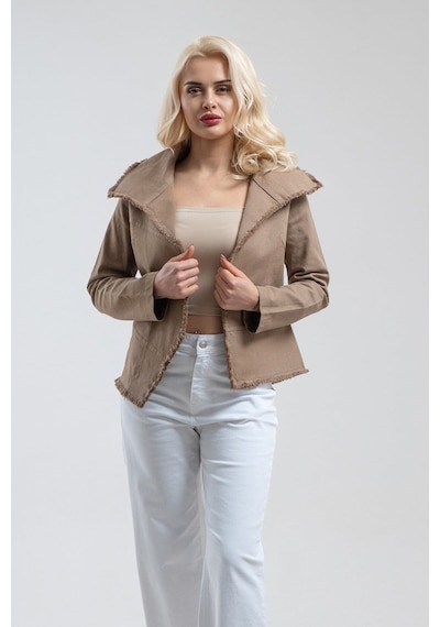 Bold & Young Kadın Camel Tek Cepli Metal Fermuarlı Pis Dikişli Ceket