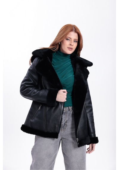 M M Marki Marki Hakiki Deri Kadın Mont Siyah İçi Kürklü Çıkma Kapüşonlu Yakalı Fermuarlı 65 Cm - 120422