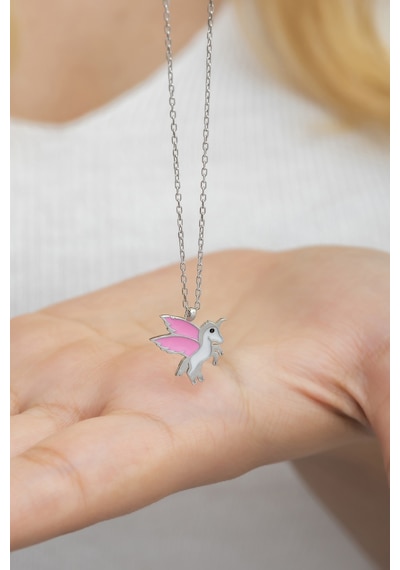 925 Ayar Gümüş Rodyumlu Pembe Mineli Unicorn Kolye Çok Renkli