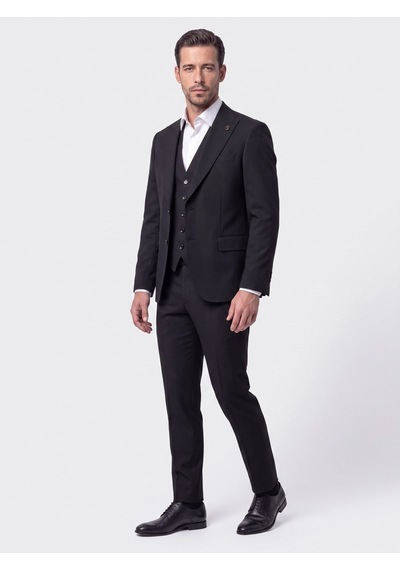 Siyah Sivri Yaka 6 Drop Regular Fit Yelekli Erkek Takım Elbise