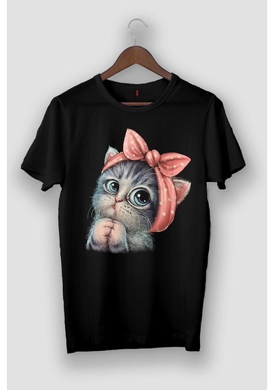 Sevimli Kedi Baskılı Oversize Siyah T-shirt SIYAH