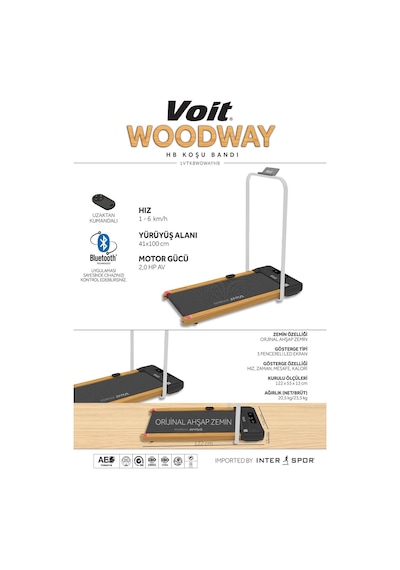 Voit Woodway Ultra Ince Tutma Kollu Koşu Bandı, Uzaktan Kumandalı, Bluetooth Uygulamalı, Sessiz Çalışır