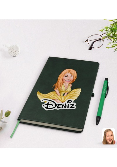 Kişiye Özel Marilyn Monroe Karikatürlü Yeşil Termo Deri Defter Ka