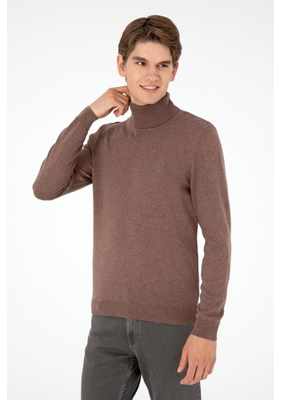 U.S. Polo Assn. Erkek Slim Fit Boğazlı Yaka Vizon Melanj Basic Kazak 50288884-VR174