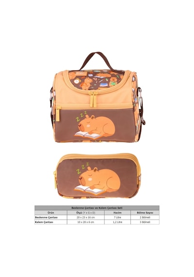 Kaukko Kids Erkek Çocuk Clever Baskılı Kahverengi Thermo Beslenme Çantası Ve Kalemlik Seti - Setkk-l5385