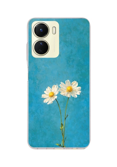 Vivo Y16 Uyumlu İki Beyaz Çiçek Tasarımlı Turkuaz Baskılı Silikon Kılıf