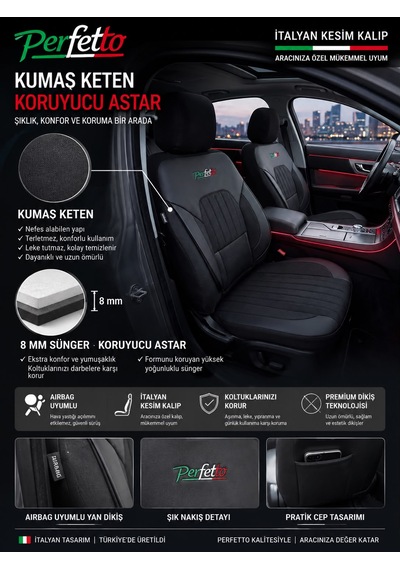 Perfetto Serisi Lüks Keten Üniversal Oto Koltuk Kılıfı - 5 Koltuk Tam Set Siyah