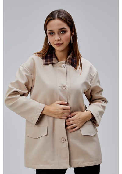 Mia Vizon Ekose Yaka Cepli Oversize Trençkot
