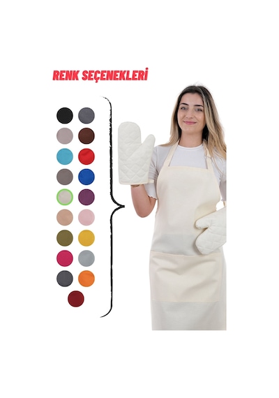 Simple 3lü Set Ayar Askılı Cepli Mutfak Önlüğü Seti 2 Eldiven Şef Garson Kafe Aşçı Barista Bej