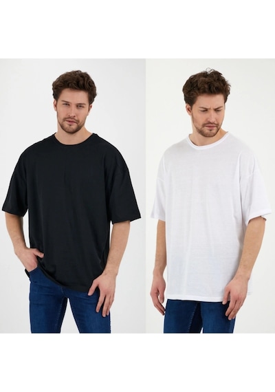 Unisex Siyah Beyaz Oversize Bol Kesim Basic 2 Li Paket Tshirt Beyaz