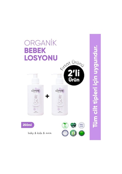Clooe Organik Bebek Losyonu - 2 Li Fırsat Paketi Argan Yağı & Zeytinyağı, Yenidoğan İçin Uygun