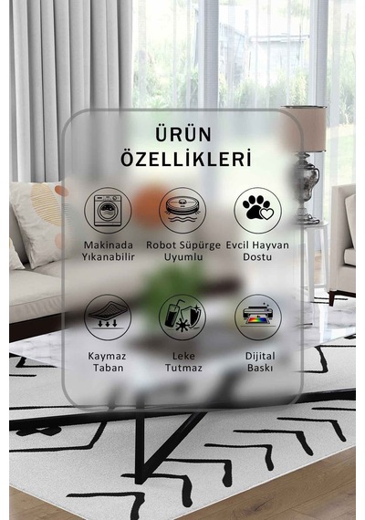 Yıkanabilir Kaymaz Taban Dijital Baskılı Halı Ve Yolluk Leke Tutmaz Salon & Mutfak Halısı - 0290 Beyaz