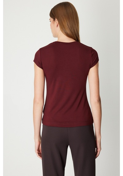 On Kadın Sıfır Yaka Ay Kol Basic Bluz 61302 Bordo Bordo