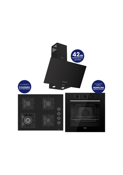 Flowart Turbolu QBL62CS - SC405 - D086SA Siyah 65 Cm Woklu Ocak Cam Ankastre Set