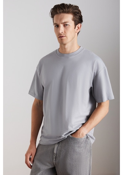 Grımelange Grımelange Jett Erkek Oversize Fit %100 Organik Pamuk Kalın Dokulu Bisiklet Yakalı Gri T-shirt Gri