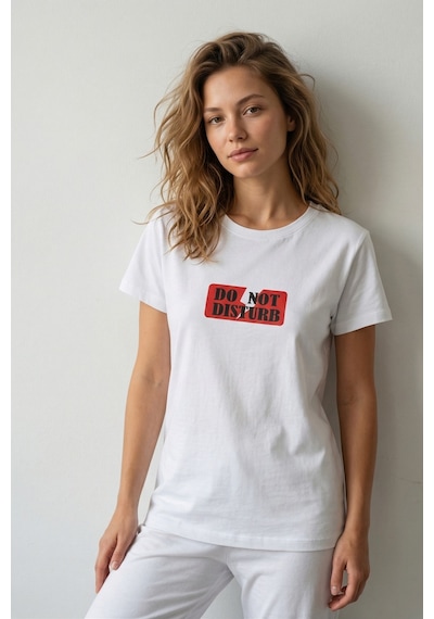 Elemge %100 Pamuk Pijama Üstü T-shirt Süprem Compact Penye Kadın Rahat Kalıp Beyaz Kısa Kol Do Not Disturb