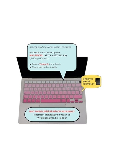 Macbook Air 13 Retina Türkçe Q Klavye Koruyucu Uk Ters L Enter A1932 A2179 A2337 M1 Uyumlu Silikon Keyboard Cover Touch Id Pembe