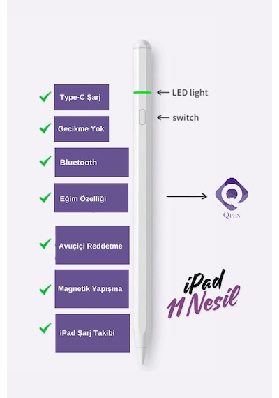 Apple Uyumlu iPad Pencil 11 Nesil 11" 2025 A16 M3 Avuçiçi Red Eğim Özellikli Bluetoothlu Dokunmatik Kalem Beyaz