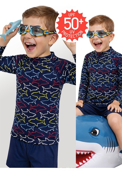 UV Korumalı Erkek Çocuk Mayo T-shirt UVP+50 Faktör Koruma Uzun Kollu Köpekbalığı