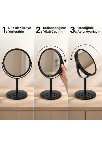 Deconox Ayaklı Çift Taraflı Makyaj Aynası, Normal Ve Büyüteçli Yüzey, 360 Döner Masa Üstü Bakım Ve Tıraş Aynası, Metal Gövde, 19 Cm, Siyah Açık Bej