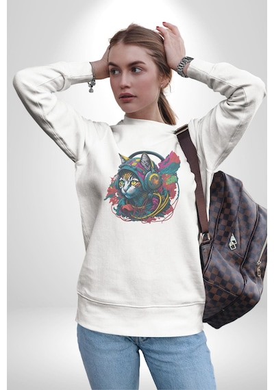 Kulaklık Kedi Müzik Tekir Unisex Beyaz Baskılı Sweatshirt Beyaz