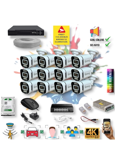 12 Kameralı Ip Set Yapay Zeka Özellikli Gece Renkli Sesli Ip 4386