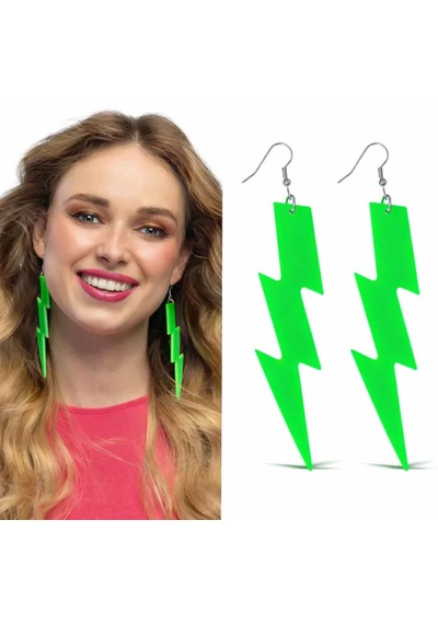 80 Ler 90&amp Apos Lar Retro Neon Yeşil Şimşek Küpe 10 Cm 4801