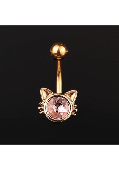 Zirkon Taşlı Kedi Model Göbek Piercingi Kedi Göbek Piercingi Sarı Altın