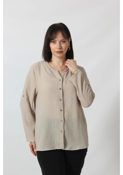 Moda Berray Tb-069 Keten Kolu Apoletli Sıfır Yaka Büyük Beden Taş Rengi Gömlek Bej