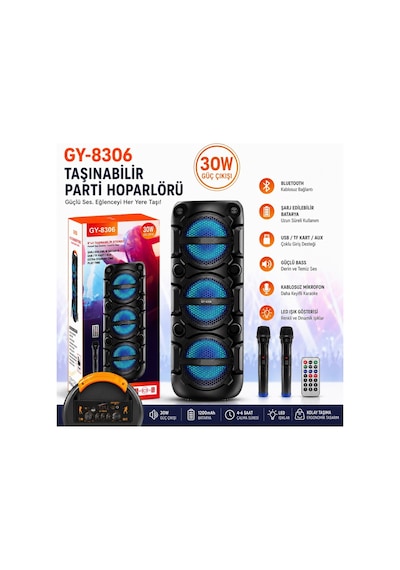 Gy-8306 Çift Karaoke Kablosuz Mikrofonlu Speaker Şarjlı Taşınabilir Hoparlör Bluetooth Fm Radyo Hafıza Kartı Ve Usb Girişli Tws Özellikli Ses Sistemi Partybox Ses Bombası