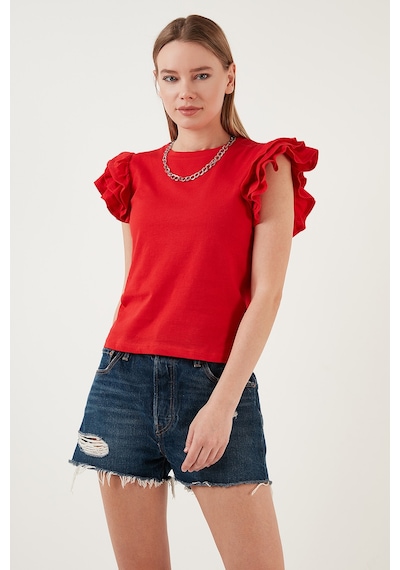Lela Pamuklu Kolları Fırfırlı Slim Fit Bisiklet Yaka Bayan T Shirt 5864500 Kırmızı